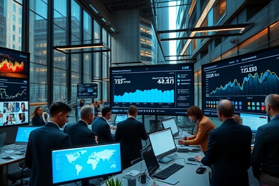 strategic visibility growth, ambitious, executing omnichannel strategies, photorealistic, bustling urban office with digital dashboards, highly detailed, metrics being tracked in real-time, ultra-high-definition, dynamic gradients, accent lighting, shot with a telephoto lens.