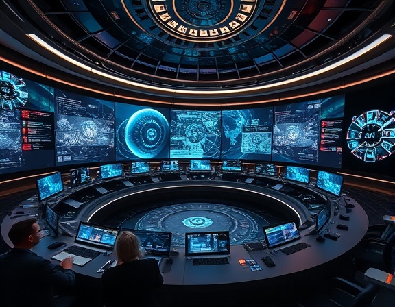 sophisticated media syndication, strategic expression, planning distribution, photorealistic, futuristic control room with holographic interfaces, highly detailed, swirling data visualizations, hyper-real clarity, metallic shades, dramatic lighting, shot with a wide-angle lens.