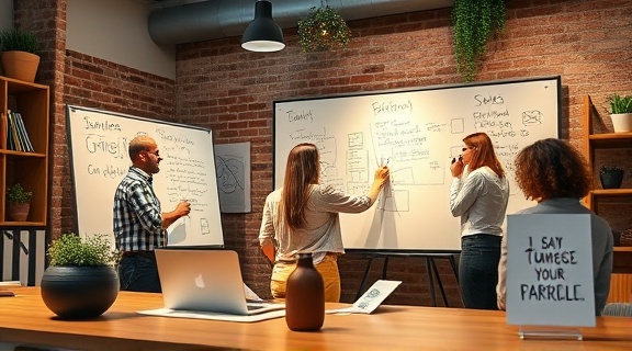 cozy marketing agency, collaborative team, sketching on whiteboards, photorealistic, personalized desks with inspirational quotes, highly detailed, idea exchange, 1080p resolution, warm earth tones, backlight illumination, shot with a zoom lens.