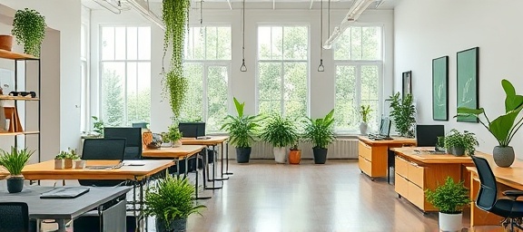 eco-friendly marketing office space, positive environment, implementing green strategies, photorealistic, recycled materials and plants, highly detailed, collaborative planning, eco-friendly color scheme, natural daylight, shot with a standard lens.