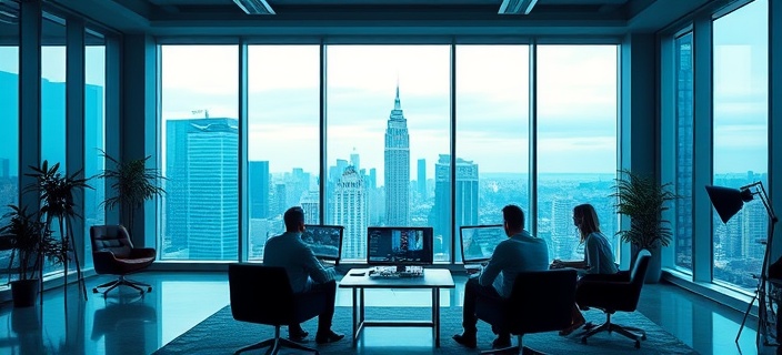 stylish digital agency open floor, ambitious expression, analyzing market trends, photorealistic, panoramic view windows with cityscape, highly detailed, in-depth analysis discussions, 4k resolution, cool blue hues, diffused lighting, shot with a fixed 85mm lens.