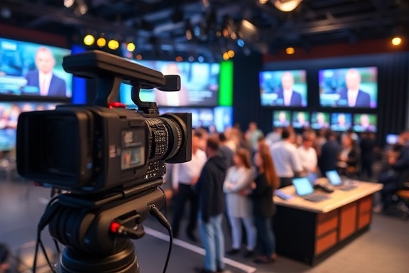 dynamic media channel, engaging, filming a live event, photorealistic, bustling studio with high-tech equipment, highly detailed, broadcast graphics in motion, depth of field, colorful, studio lighting, shot with a 50mm lens.