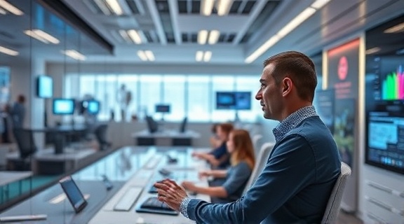sleek digital marketing office, focused expression, designing campaigns, photorealistic, high-tech environment with digital displays, highly detailed, interactive demonstrations, HDR, subtle pastel colors, ambient lighting, shot with a 35mm lens.