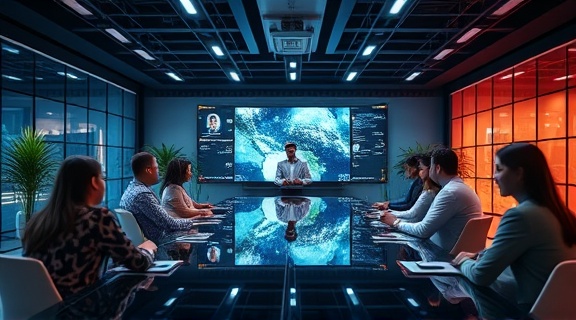 interactive social media, captivating, conducting a virtual meeting, photorealistic, virtual space with avatars, highly detailed, real-time user interaction, crisp, gradient colors, digital lighting, captured with a digital long-focus lens.