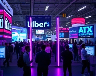 emerging media revolution, ambitious, driving change, photorealistic, tech expo with attendees, highly detailed, futuristic media booths, sleek aesthetics, vibrant neon lights, shot with a tilt-shift lens.