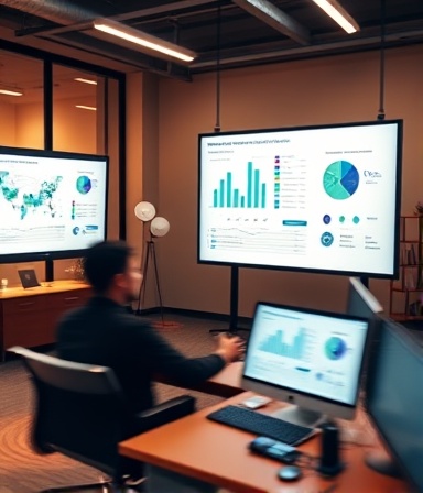authoritative content authority, inspiring, creating a digital strategy, photorealistic, chic office with presentation screens, highly detailed, data analytics with infographics, motion blur from movement, warm, soft focus lighting, shot with an 85mm lens.