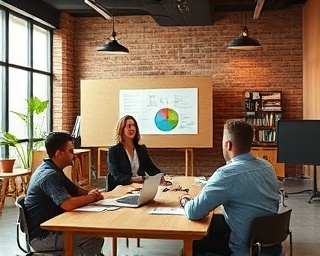 commanding media authority, authoritative, directing a project, photorealistic, creative office space with team collaboration, highly detailed, brainstorming elements, innovative workspace design, earth tones, natural lighting, shot with an ultra-wide lens.