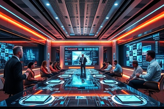 futuristic marketing agency headquarters, dynamic atmosphere, leading a meeting, photorealistic, sleek design with holographic displays, highly detailed, interactive presentation, 12k resolution, metallic colors, mixed lighting, shot with a prime lens.