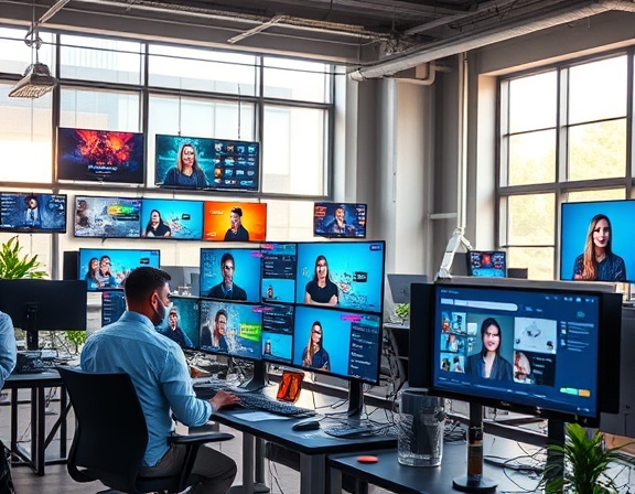 engaging media branding, spirited, designing, photorealistic, creative workspace filled with digital screens, highly detailed, visual artists at work, 8k resolution, bold colors, natural sunlight filtering through windows, shot with a 50mm lens.