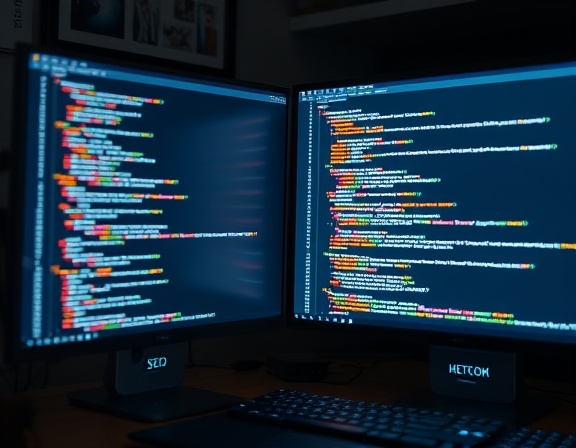 cutting-edge SEO service, analytical, optimizing website rankings, photorealistic, tech-oriented workspace with dual monitors, highly detailed, coding streams on screen, dynamic shadow play, neutral tones, overhead task lighting, shot with a macro lens.