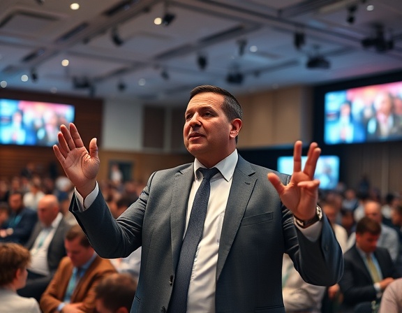 influential media authority, commanding, speaking at a conference, photorealistic, modern conference hall with attendees, highly detailed, interactive presentation screens, sophisticated attire, neutral colors, soft overhead lighting, shot with a 50mm prime lens.