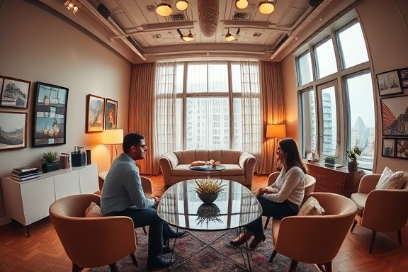 inspirational branding office, creative team expression, designing brand identity, photorealistic, elegant interior with art pieces, highly detailed, focus group interaction, 6k resolution, vibrant warm colors, soft spotlight, shot with a wide fisheye lens.