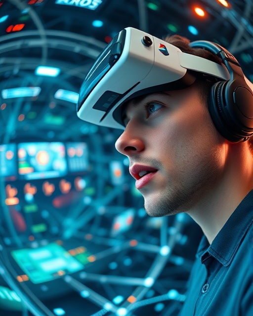 dynamic media ecosystem, engaging expression, interacting, photorealistic, virtual reality environment with interconnected networks, highly detailed, floating data streams, motion blur, vibrant colors, ambient lighting, shot with a fisheye lens.