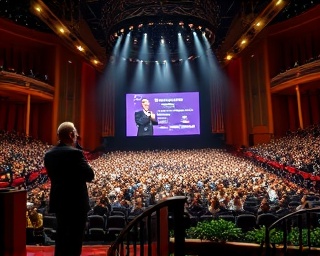 inspiring media influence, visionary, delivering a keynote speech, photorealistic, grand auditorium with attentive audience, highly detailed, multimedia presentation visuals, elegant atmosphere, rich colors, spotlight effect, shot with a standard lens.