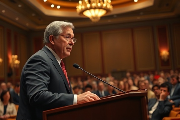 established media authority, confident expression, speaking at a podium, photorealistic, grand conference hall with elegant decorations, highly detailed, audience listening attentively, depth of field, rich earth tones, spotlight lighting, shot with a 85mm lens.