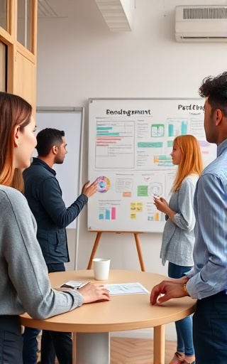 collaborative marketing agency, innovative, discussing brand strategy, photorealistic, creative environment with brainstorming boards, highly detailed, teamwork dynamics captured, low contrast, pastel colors, natural morning light, shot with a zoom lens.