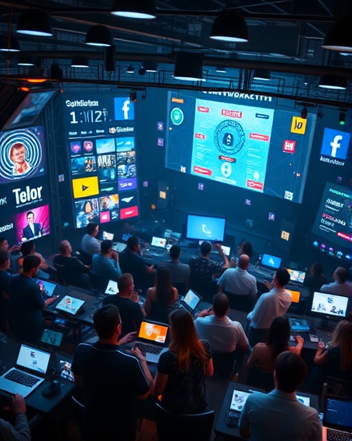 dynamic social syndication, inspired, connecting brands with audiences, photorealistic, digital marketing hub bustling with activity, highly detailed, networks and platforms interlinked, 6k resolution, contrasting colors, ambient LED lighting, shot with a wide-angle lens.