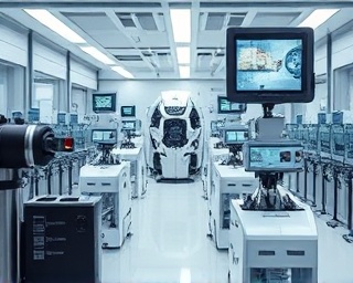 exciting media innovation, groundbreaking, revealing a prototype, photorealistic, high-tech lab environment, highly detailed, futuristic machinery, sleek surfaces, monochrome palette, focused lighting, shot with a telephoto lens.